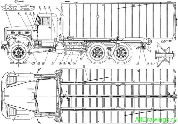 КрАЗ 255Б (Понтонный автомобиль) чертежи (рисунки) грузовика